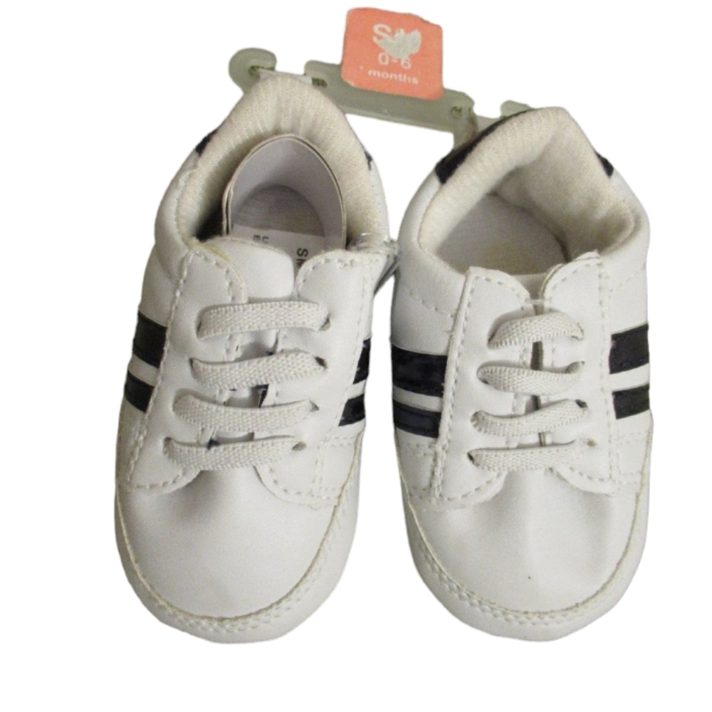 White Baby Walker Shoes with Black Stripes - Classic Infant Sneakers